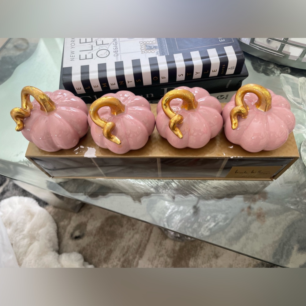 Nicole Miller Blush Pink Glazed Ceramic Pumpkins with Gold Stalks Set of 4 - Picture 4 of 14